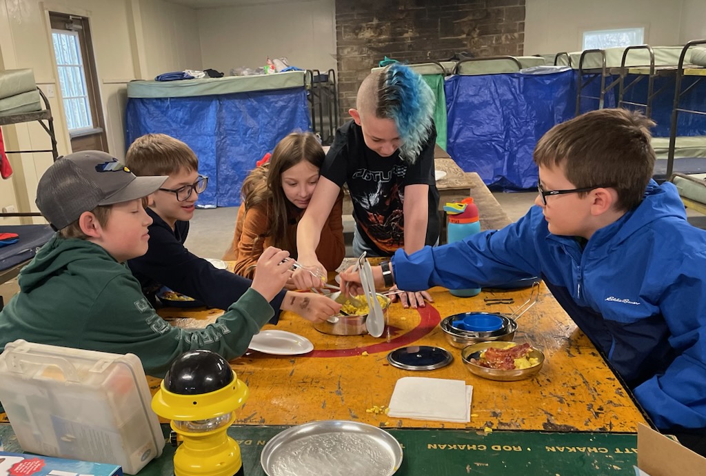 Scouts having breakfast at our Winter Overnighter